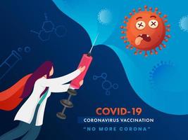 Super Doctor Or Scientist Woman Attacking Coronavirus From Vaccine Syringe On Blue Background For Covid-19 Vaccination, No More Corona. vector