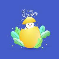 Calligraphy of Happy Easter Text with Cute Chick in Broken Egg and Glossy Green Leaves on Blue Background. vector