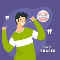 Cheerful Young Boy Showing His Braces At Teeth On Blue Background For Dental Care Concept. vector