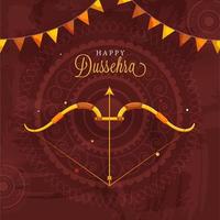 Happy Dussehra Celebration Poster Design with Bow Arrow Illustration and Bunting Flags on Brown Texture Mandala Pattern Background. vector