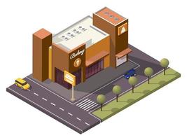 Isometric Bakery Shop like as Ice Cream, Cake, Burger Along Transport Street Background. vector