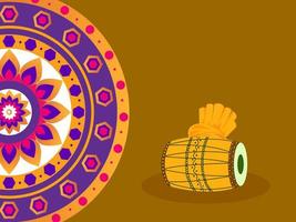 ilustración de dhol instrumento con turbante y rangoli o mandala modelo en marrón antecedentes. vector