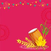 Illustration Of Bonfire With Dhol Instrument, Wheat Ears, Sugarcane And Bunting Flags Decorated On Pink Background. vector