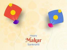 contento makar sankranti celebracion concepto con dos cometas en melocotón amarillo antecedentes. vector