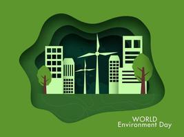 Green Paper Layer Cut Background with Trees, Buildings and Windmills for World Environment Day Concept. vector