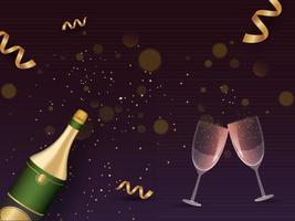 3D Champagne Bottle With Cheers Glasses And Golden Curl Ribbons On Purple Background. vector