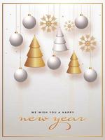 Happy New Year Template Design with 3D Hanging Baubles, Golden Xmas Trees and Snowflakes Decorated on White Background. vector