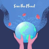 Save The Planet Concept with Human Hands Holding Earth Globe on Blue Noise Effect Background. Can be used as poster design. vector