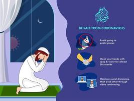 Muslim Man Offering Namaz At Home in Night View for Ramadan Kareem with Coronavirus Prevention like as Avoid Public Place, Wish Each Other Through Video Conferencing, Wash Your Hands. vector