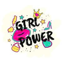 Creative Text Girl Power with Doodle Style Lip, Crown, Hearts, Stars, Side Bag and High Heels on White Background. vector