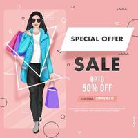 Special Offer Sale Poster Design with 50 Discount Offer and Young Girl holding Shopping Bags on Pink Abstract Geometric Background. vector