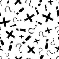 Seamless pattern with hand drawn cross, exclamation and question mark symbols. Black sketch check symbol on white background. Vector illustratio