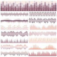 Vector set of fifteen sound waves. Audio equalizer. Sound and audio waves isolated on white background