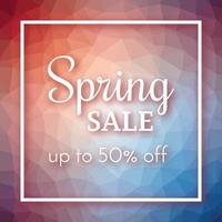 Spring sale banner and up to 50 off sign on colorful polygonal background. Vector illustration