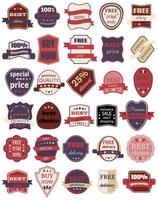 Set of Thirty Vector Badges with Ribbons. Set of vintage retro labels. Web stickers and labels. Isolated vector illustration.