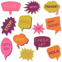 Set of speech bubbles on a white background with different inscriptions in the middle. Speech bubbles with short phrases. Vector illustration.