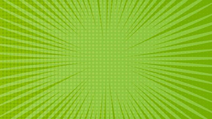 Green comic book page background in pop art style with empty space. Template with rays, dots and halftone effect texture. Vector illustration