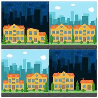 Set of vector day and night city with cartoon houses and buildings. City space with road on flat style background concept. Summer urban landscape