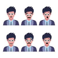 Set of six men with different facial emotions. Human face with emoji character. Vector illustration