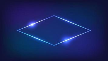 Neon rhombus frame with shining effects on dark background. Empty glowing techno backdrop. Vector illustration.