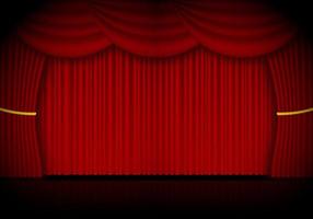 Red curtain opera, cinema or theater stage drapes. Spotlight on closed velvet curtains background. Vector illustration