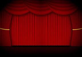 Red curtain opera, cinema or theater stage drapes. Spotlight on closed velvet curtains background. Vector illustration