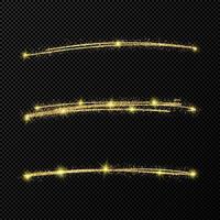 Abstract shiny confetti glittering waves. Set of three hand drawn brush golden strokes on black vector