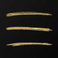 Abstract shiny confetti glittering waves. Set of three hand drawn brush golden strokes on black vector