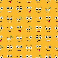 Cartoon faces with emotions. Seamless pattern with different emoticons on yellow background. Vector illustration