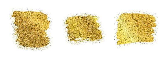 Set of three golden glittering smears on a white background. Background with gold sparkles and glitter effect. Empty space for your text. Vector illustration