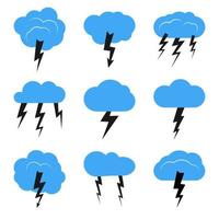 Set of nine clouds with a thunderstorm. Vector illustration.