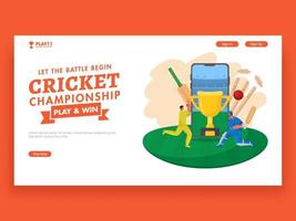 Cricket Championship Responsive Banner Design With Players Character And Trophy Cup In Smartphone. vector