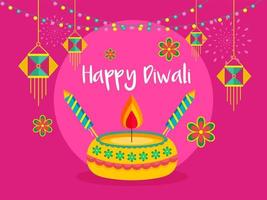 Pink Background Decorated with Lighting Garland, Hanging Lanterns, Flowers, Firecracker Rockets and Illuminated Oil Lamp for Happy Diwali. vector