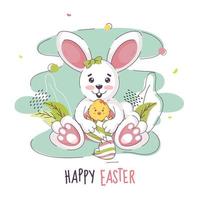 Cartoon Funny Rabbit holding Chick Bird in Broken Egg on Abstract Background for Happy Easter Celebration. vector