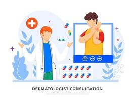 Dermatologist Consultation Concept Based Poster Design, Cartoon Patient Interacting on Video Call with Doctor Man. vector