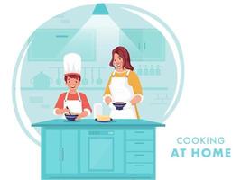 ilustración de mujer Ayudar su hijo haciendo comida a cocina hogar durante coronavirus. vector