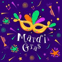 Stylish Mardi Gras Text with Party Mask, Trumpet and Star Confetti Decorated on Purple Background. vector