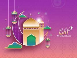 Islamic festival of Eid Mubarak concept with crescent moon, golden mosque, hanging lantersn on shiny peach and pink background. vector