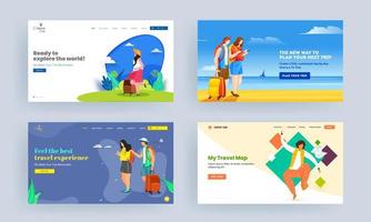 Set of Landing page design with tourism character on abstract background for Traveling Concept. vector