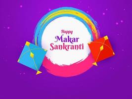 Happy Makar Sankranti Text With Kites And Brush Stroke Effect On Purple Background. vector