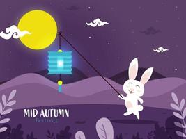 Cartoon Bunny Holding Chinese Lantern Stick and Full Moon on Purple Nature Background for Mid Autumn Festival Celebration. vector