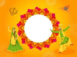 punjabi Pareja personaje en bhangra danza con sij bandera y vacío mandala marco en naranja antecedentes. vector