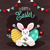 Happy Easter Poster Design with Cartoon Bunny holding Printed Eggs and Flowers on Brown Grunge Background vector