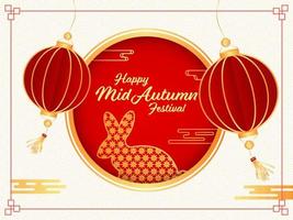 Golden Happy Mid-Autumn Festival Text with Flower Pattern Bunny and Hanging Paper Chinese Lanterns Decorated on Overlapping Semi Circle Background. vector