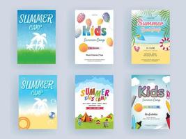 Different Types Summer Camp Flyer or Template Design with Playing Kids and Beach View. vector