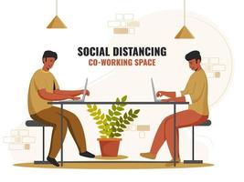 Illustration Of Co-Working Men Using Laptop At Workplace With Maintaining Social Distance To Prevent From Coronavirus. vector
