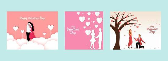 Happy Valentine's Day Greeting Card With Loving Couple Illustration In Three Color Options. vector