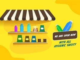nosotros son abierto ahora con todas higiénico la seguridad texto con producto tienda o Tienda en amarillo antecedentes. vector