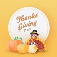 Thanksgiving Day Font on White Circular Frame with Cartoon Turkey Bird and Paper Pumpkins. vector