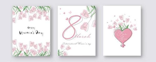 8 March, Happy Women's Day Template Design Decorated with Doodle Style Tulip Flowers, Butterflies and Heart Shape Venus Sign in Three Option. vector